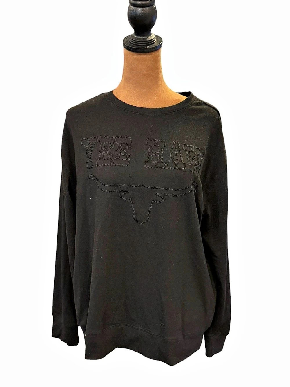 Embroidered Yee Haw Sweatshirt Crewneck Longhorn Black On Black Small Relaxed - Picture 6 of 16